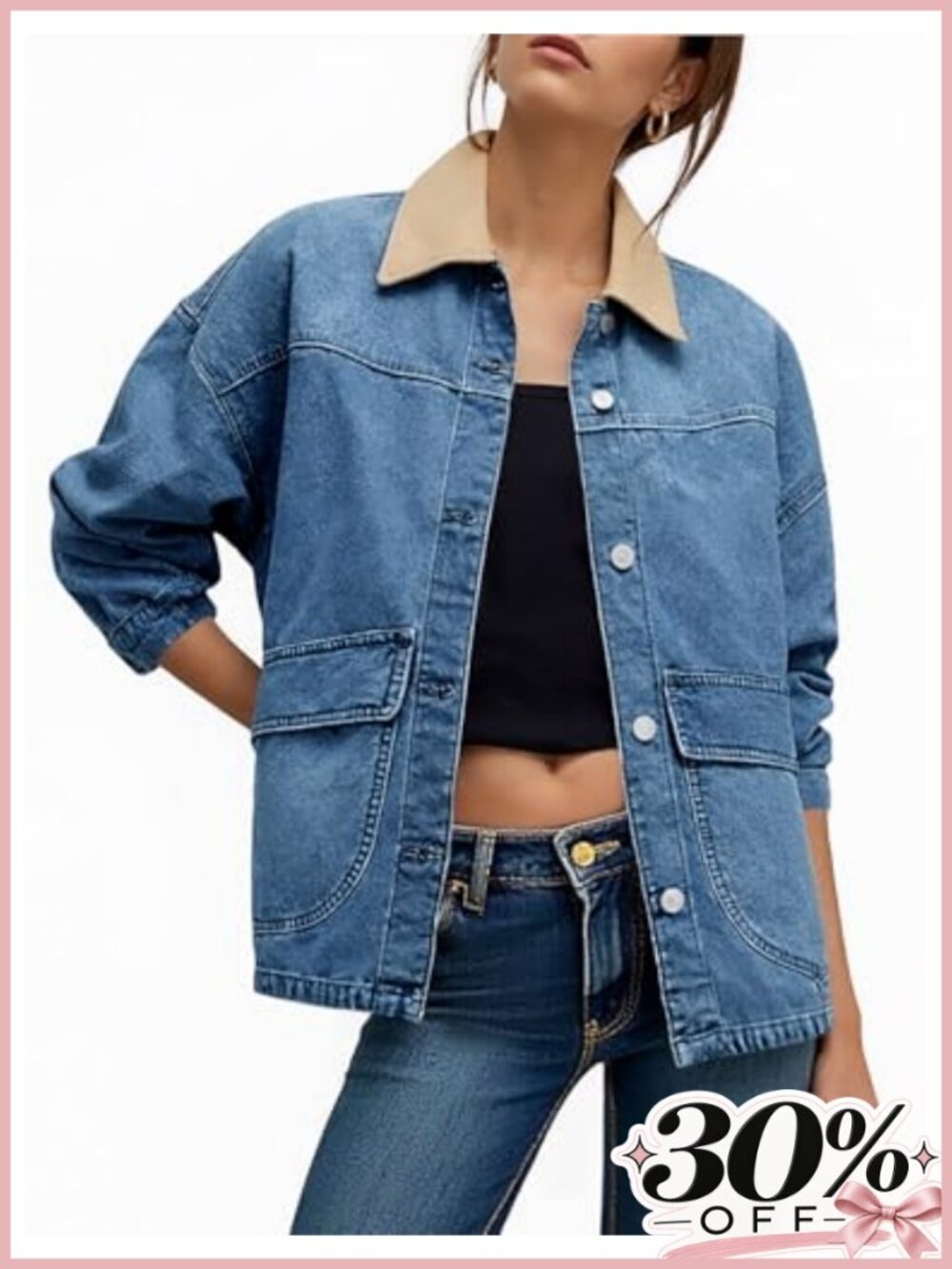 Oversized Denim Jacket Contrast Canvas Collar Button Down Jean Jacket with